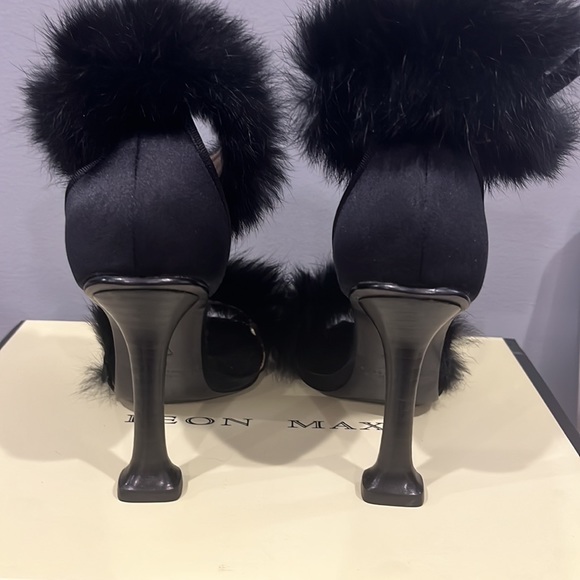 NIB Leon Max Elite Black Satin & Rabbit Fur Ankle Strap Heels Shoes - Picture 11 of 12